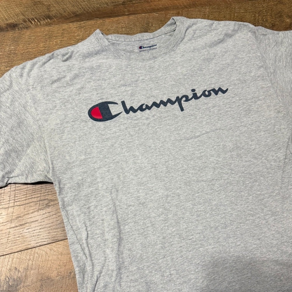 Champion Mens Script Logo T-Shirt Heather‎ Gray Short Sleeve Crew Neck XL - Picture 2 of 6
